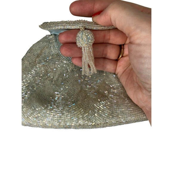 50's 60's  Vintage DeLill Beaded Evening Bag Iridescent White Purse Metal Strap - Picture 11 of 16